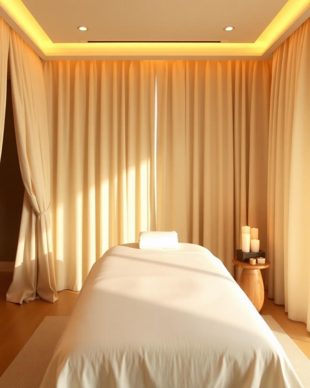 Serene spa room with silk curtains