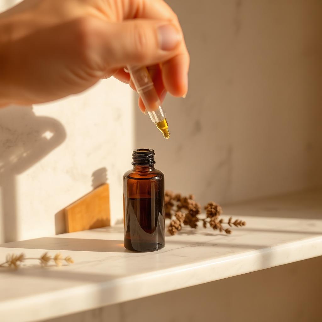 Hand reaching for a dropper bottle